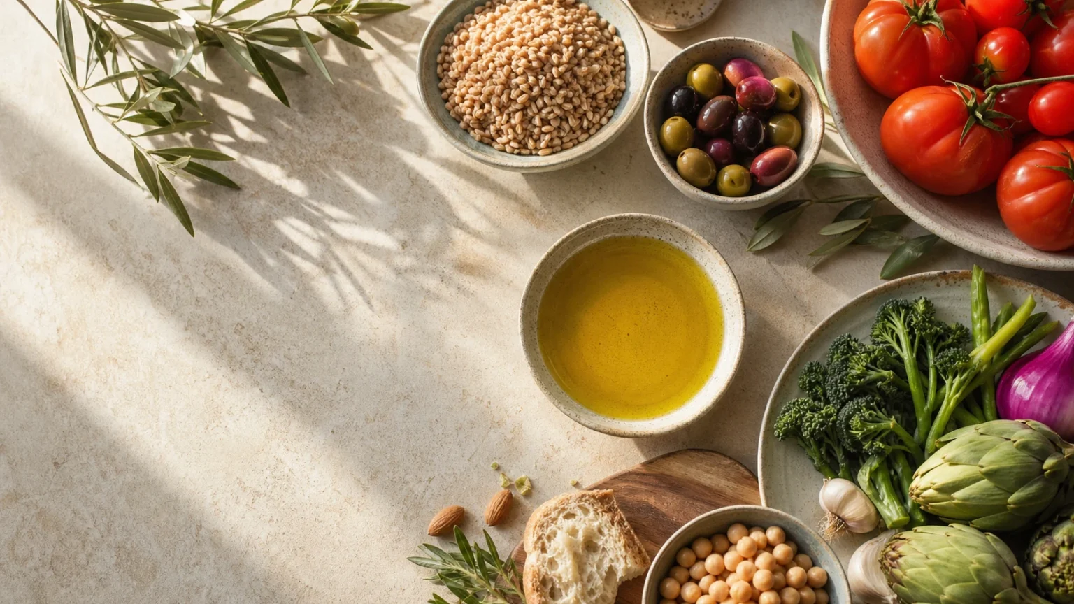 Aceite de oliva, verduras, legumbres y cereales de la dieta mediterránea
