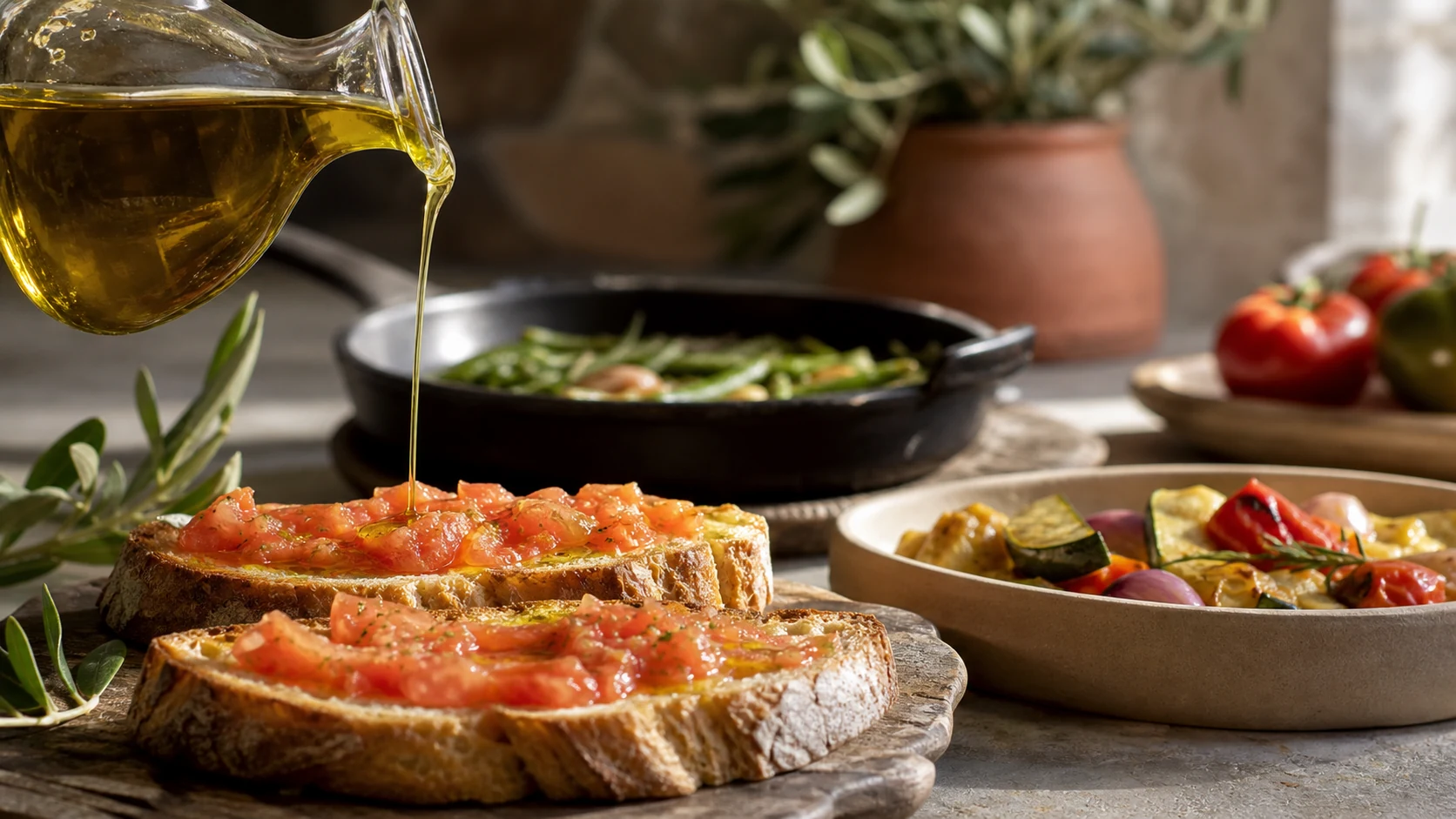 AOVE Picual servido sobre una tostada con tomate en una cocina mediterránea