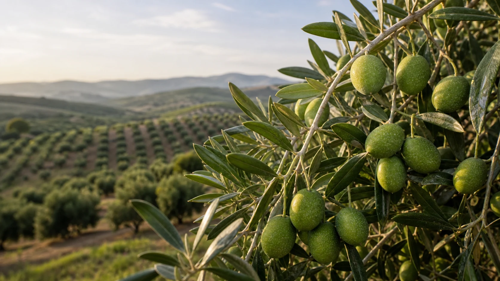Aceitunas Picual y paisaje de olivares de Jaén