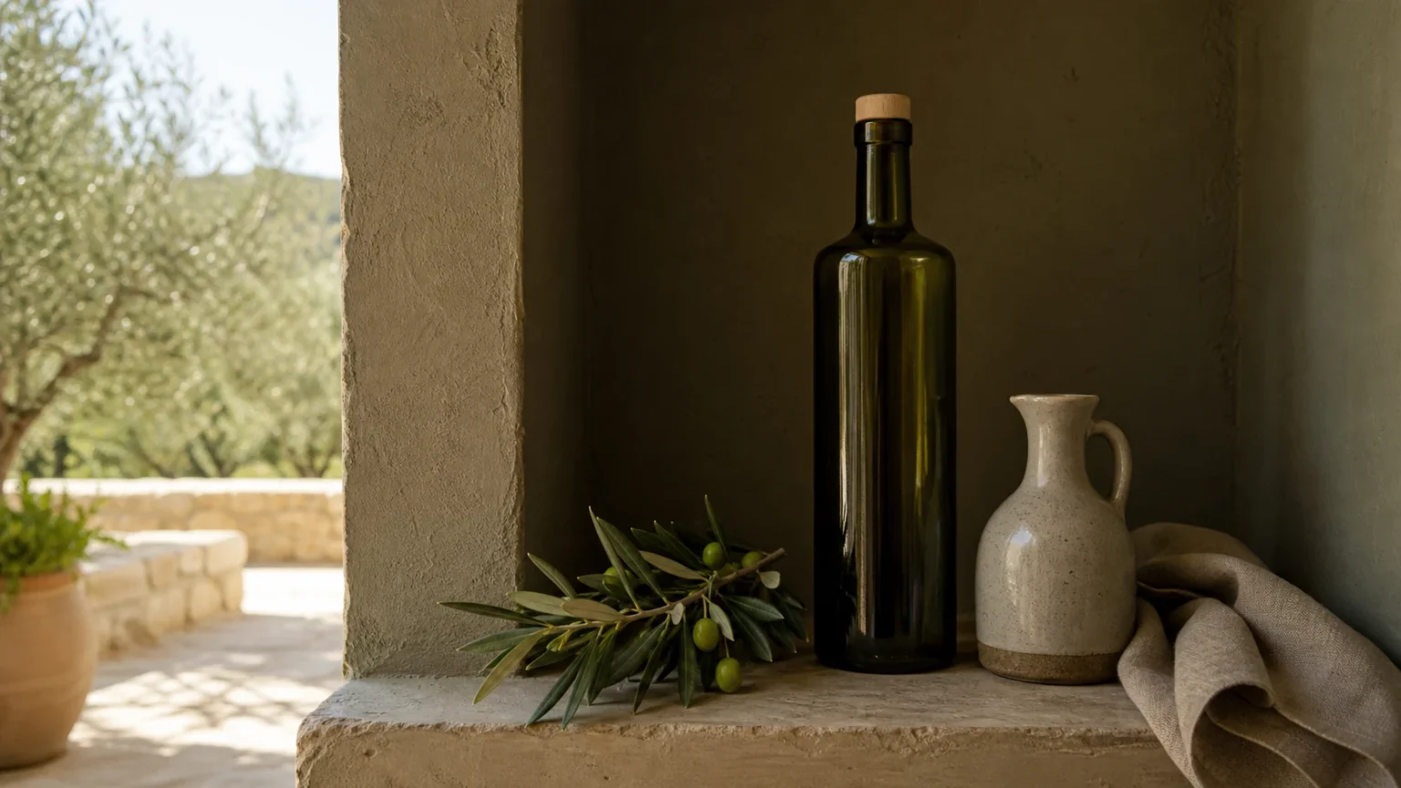 Botella oscura de aceite protegida de la luz y el calor en una despensa