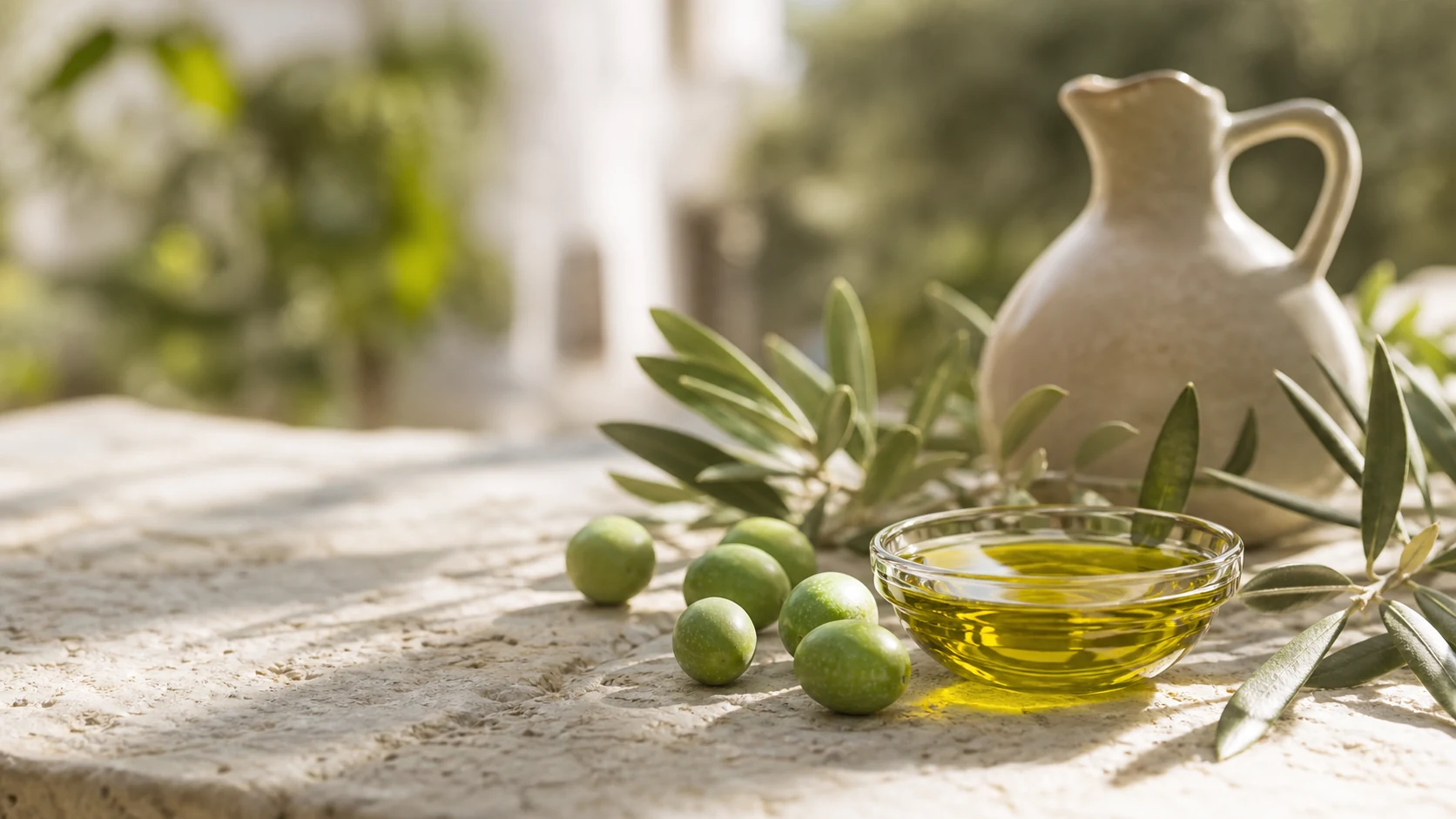 Aceitunas, hojas de olivo y cuenco de aceite de oliva virgen extra